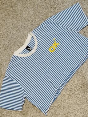 Kids Blue & White Striped Short-Sleeve Tee with Yellow "ok" Graphic